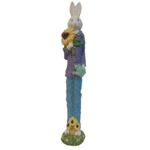 World Bazaars Male Bunny Rabbit 12" Ceramic Figurine Holding Green Flower Pot